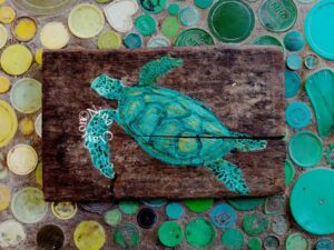 Turtle, emulsion on driftwood, Koh Seh 2019 By Nina Clayton